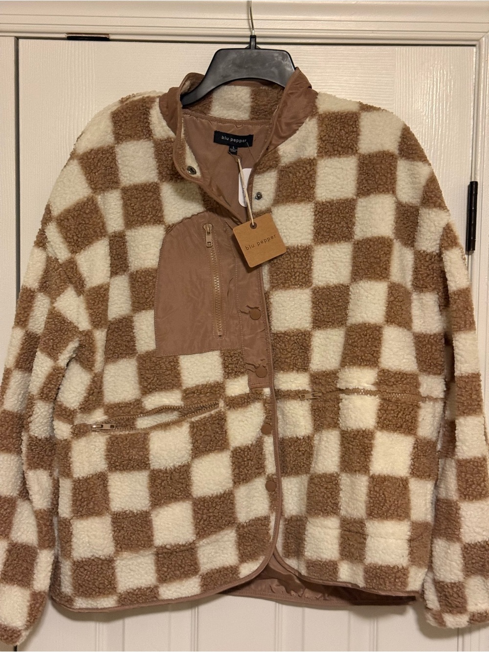 Blu Pepper Brown & Cream Checkerboard Teddy Jacket